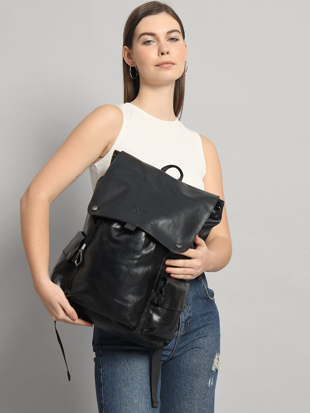 DOTE Unisex Leather Black Backpack