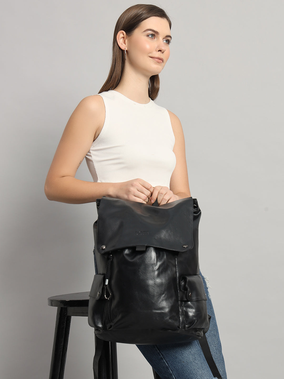 DOTE Unisex Leather Black Backpack